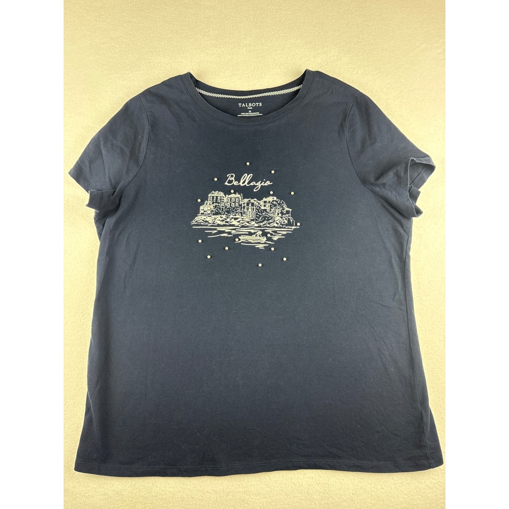 Talbots Plus Womens Navy Blue Bellagio Italy Beaded Graphic Cotton Tee 1X